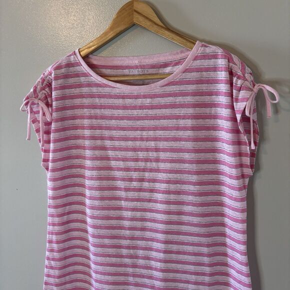 Talbots Linen Blend Top Pink Stripe Shimmer Shirt Tie Sleeves Sz Medium Petite - Picture 2 of 7